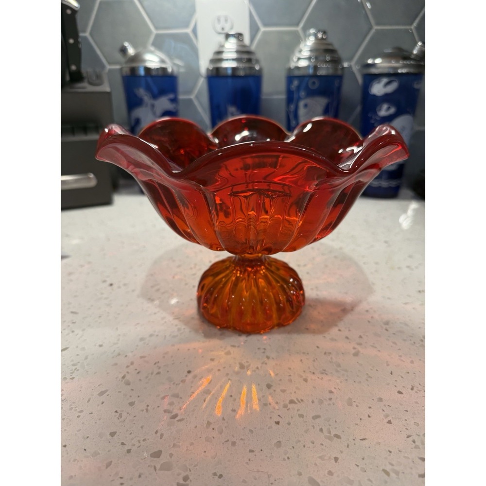Vintage Ruby Red Amberina Compote Footed Bowl Mid Century Glass Cadmium Glows